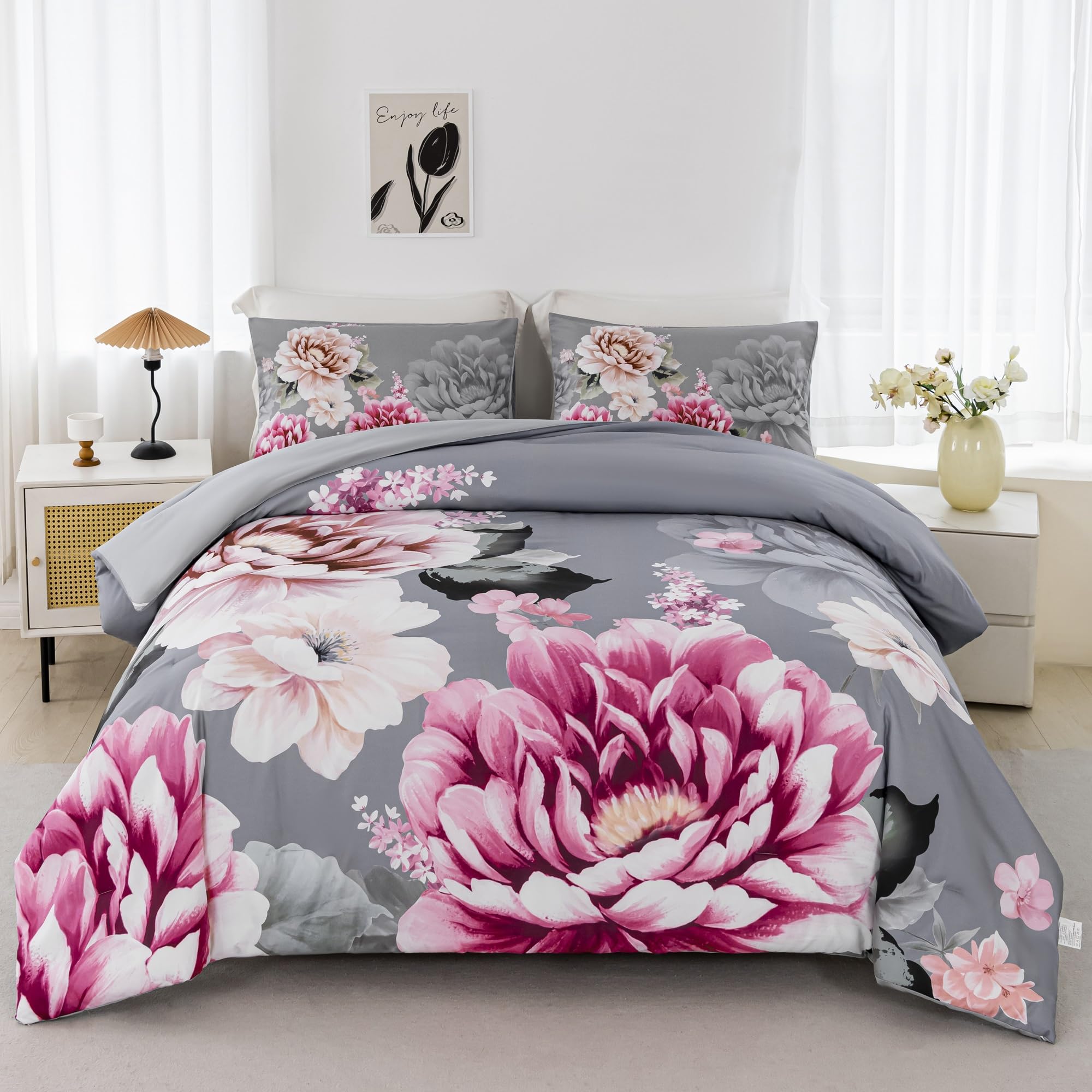 Rynghipy Grey Bed Comforter Set Queen Size 3 Pieces Pink Flowers Printed Bedding Set Soft Microfiber Comforter Sets With 1 Comfo